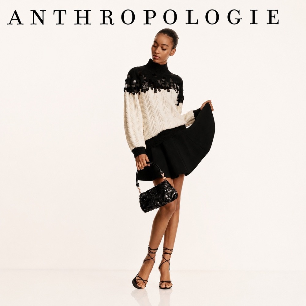 Anthropologie Maeve Black and Cream Heart Sequin Cable Knit Sweater M